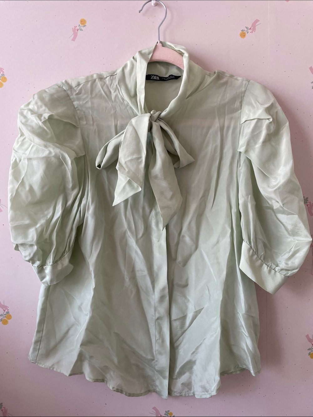 Zara Pale Mint Tie-Neck Puff Sleeve Blouse